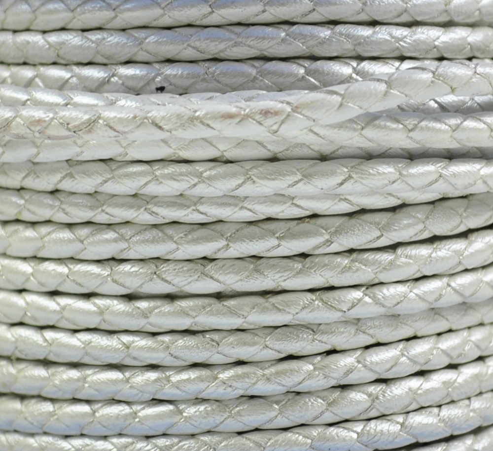 Braided Leather Cord Ø 4 mm White with metallic Luster, per Meter
